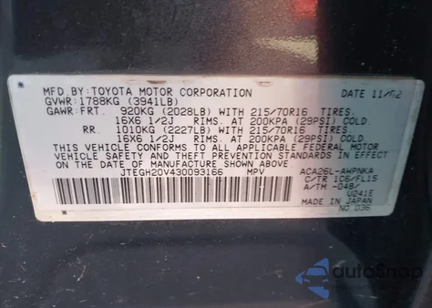 2003 Toyota Rav4 Base (A4) z USA, uszkodzony, nr VIN JTEGH20V430093166